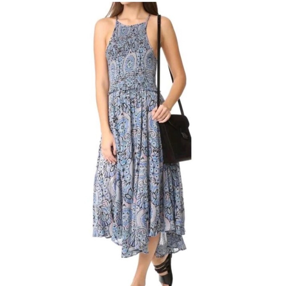 Free People Seasons In The Sun Blue Paisley Smocked Boho Midi Dress Small
